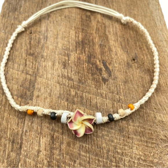 Beaded Plumeria Flower Braided Macrame Boho Beach Anklet - Picture 1 of 3